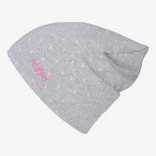 Nebelkind Summer Beanie Grey with Pink Dots and Logo in gray