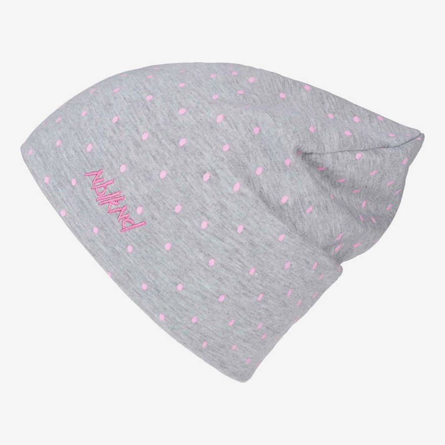 Nebelkind Summer Beanie Grey with Pink Dots and Logo in grey