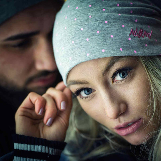 Nebelkind Summer Beanie Grey with Pink Dots and Logo in gray