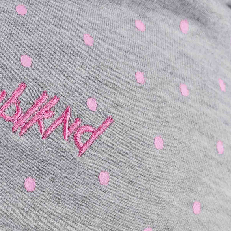 Nebelkind Summer Beanie Grey with Pink Dots and Logo in grey